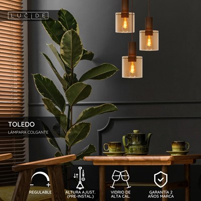 Lucide TOLEDO - Lámpara colgante - 3xE27 - Ámbar